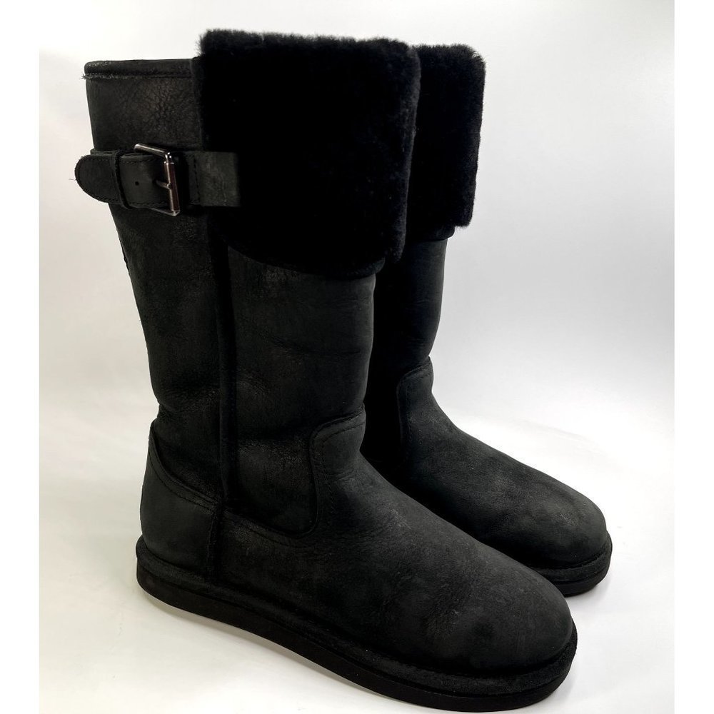 UGG AUSTRALIA WILOWE BLACK LEATHER BIKER BOOTS  Size US 7 EUR 38